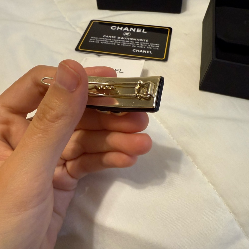 Chanel Black Leather Hair Clip with Gold Logo - Picture 3 of 3